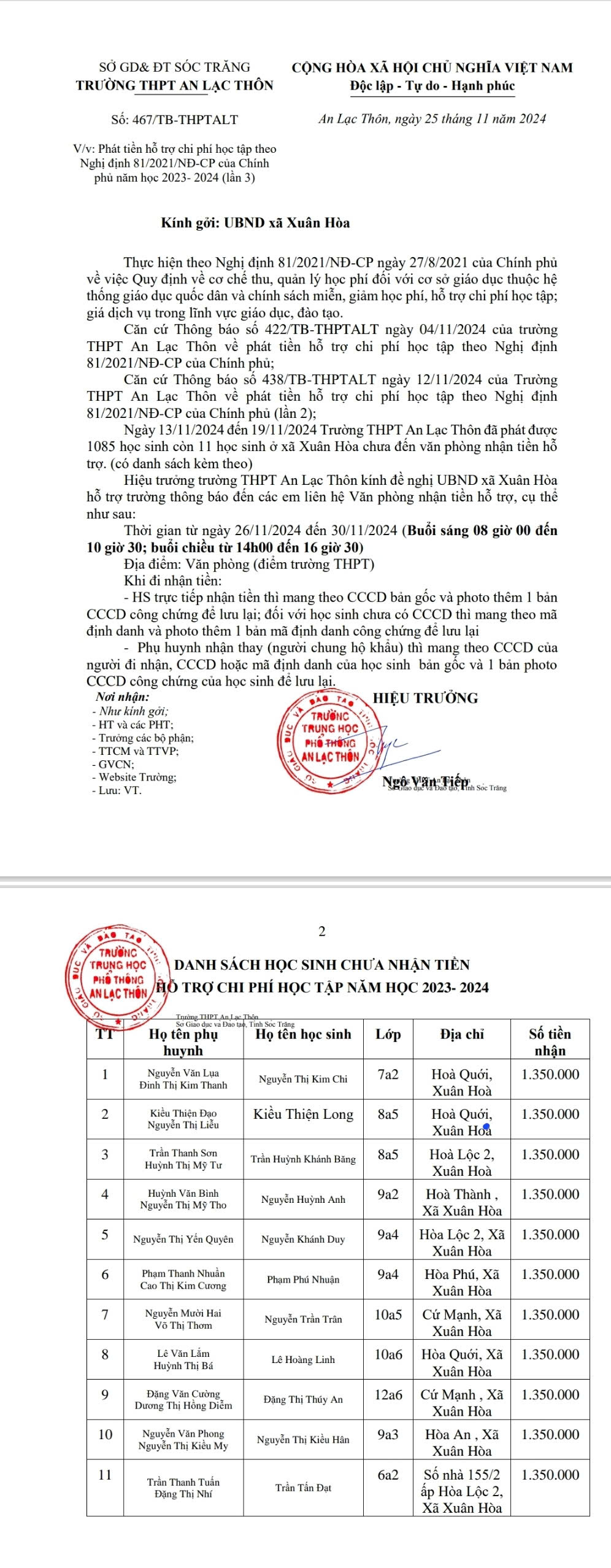 Thông báo Phát tiền hỗ trợ chi phí học tập theo Nghị định 81/2021/NĐ-CP của Chính phủ năm học 2023-2024 (lần 3)