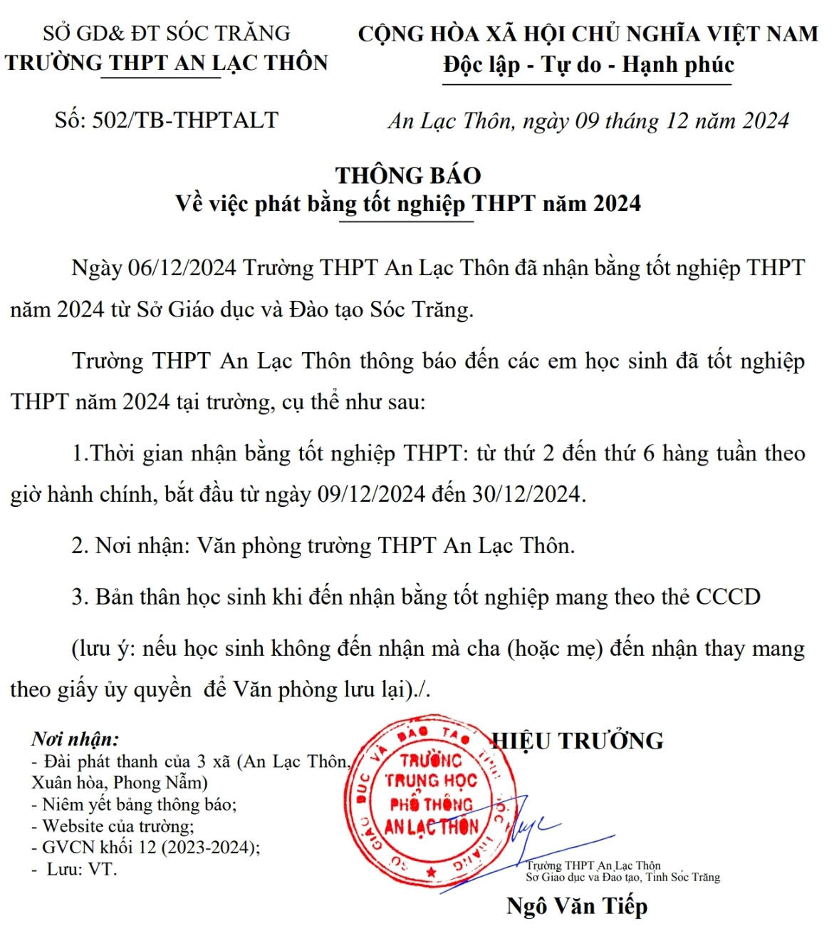 Thông báo phát bằng tốt nghiệp THPT năm 2024