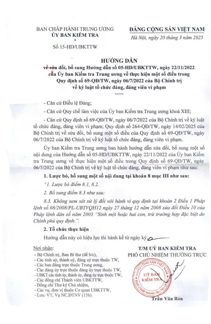 Hướng dẫn về sửa đổi, bổ sung Hướng dẫn số 05-HD/UBKTTW, ngày 22/11/2022 của Ủy ban Kiểm tra Trung ương về thực hiện một số điều trong Quy định số 69-QĐ/TW, ngày 06/7/2022 của Bộ Chính trị về kỷ luật tổ chức đảng, đảng viên vi phạm