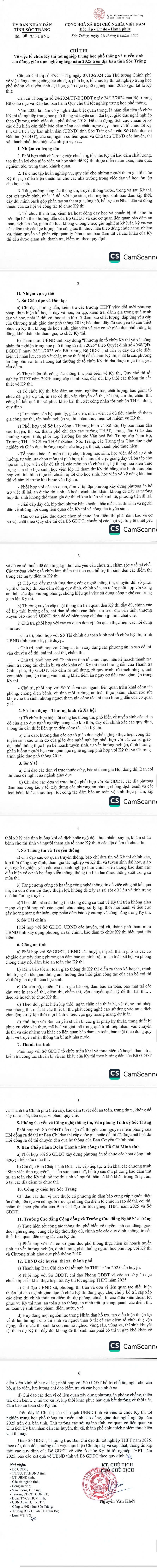 Chỉ thị 05 của UBND tỉnh về việc tổ chức Kỳ thi tốt nghiệp trung học phổ thông và tuyển sinh cao đẳng, giáo dục nghề nghiệp năm 2025 trên địa bàn tỉnh Sóc Trăng