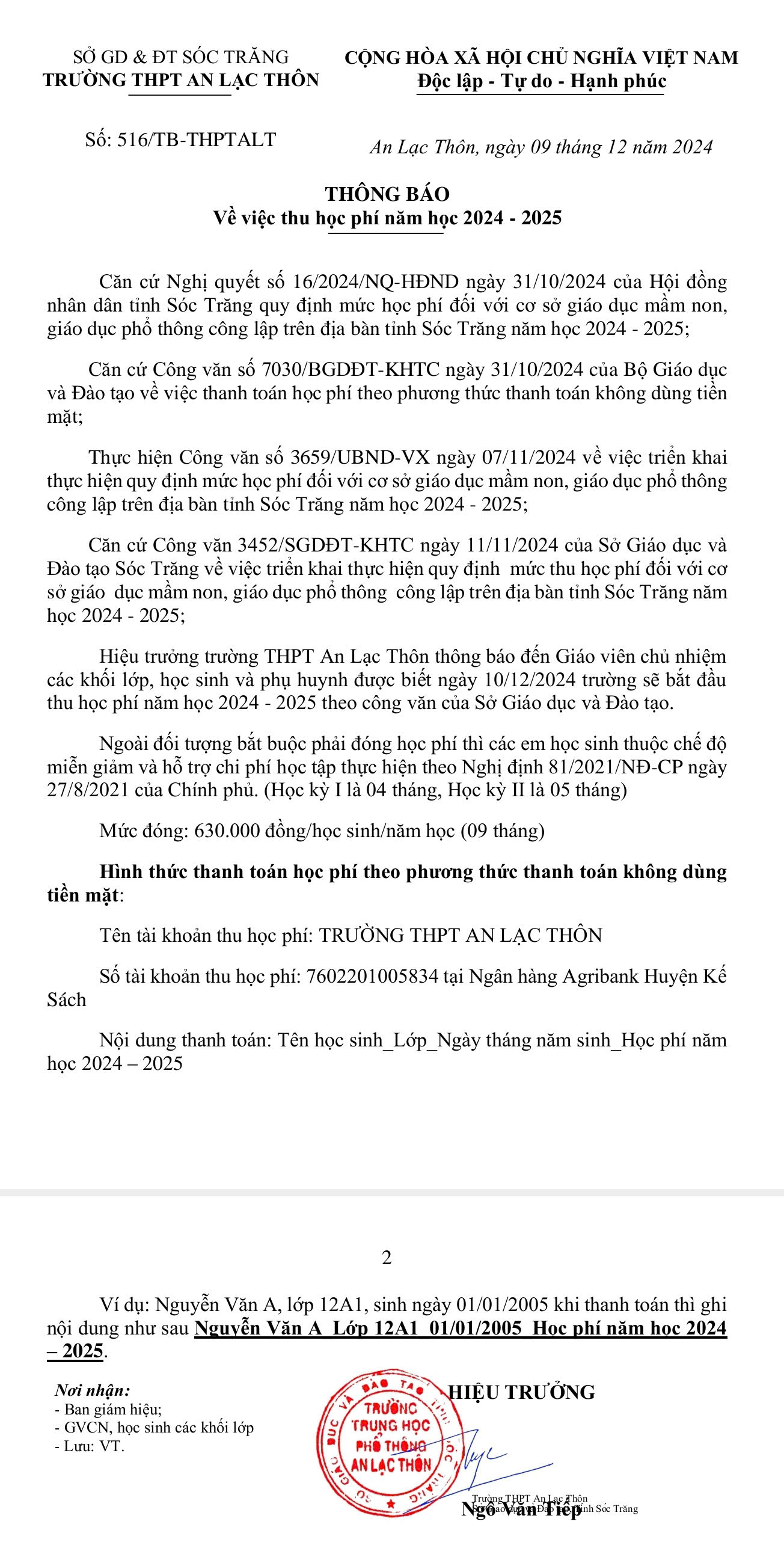 Thông báo thu học phí năm học 2024-2025