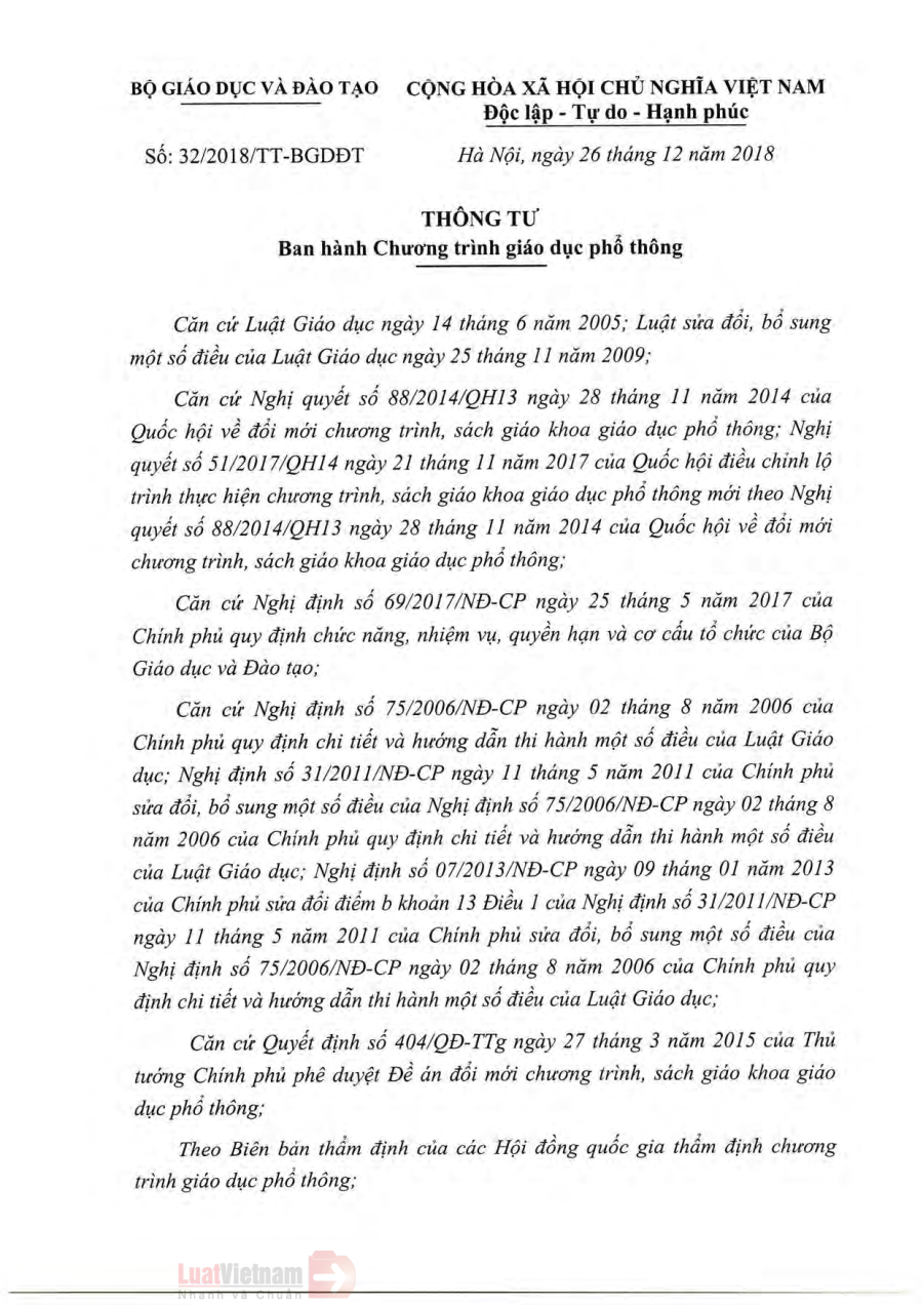 Thông tư 32/2018/TT-BGDĐT ban hành Chương trình giáo dục phổ thông mới