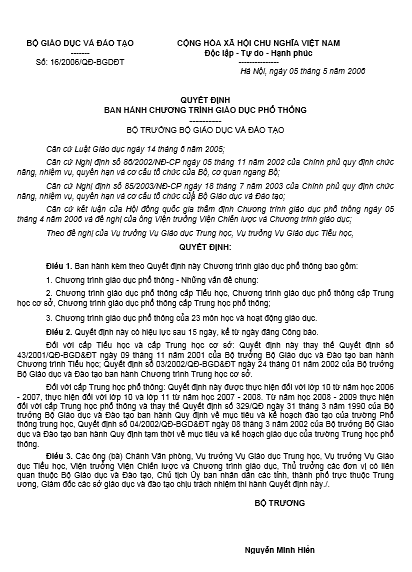 Quyết định số 16/2006/QĐ-BGDĐT về Chương trình giáo dục phổ thông.
