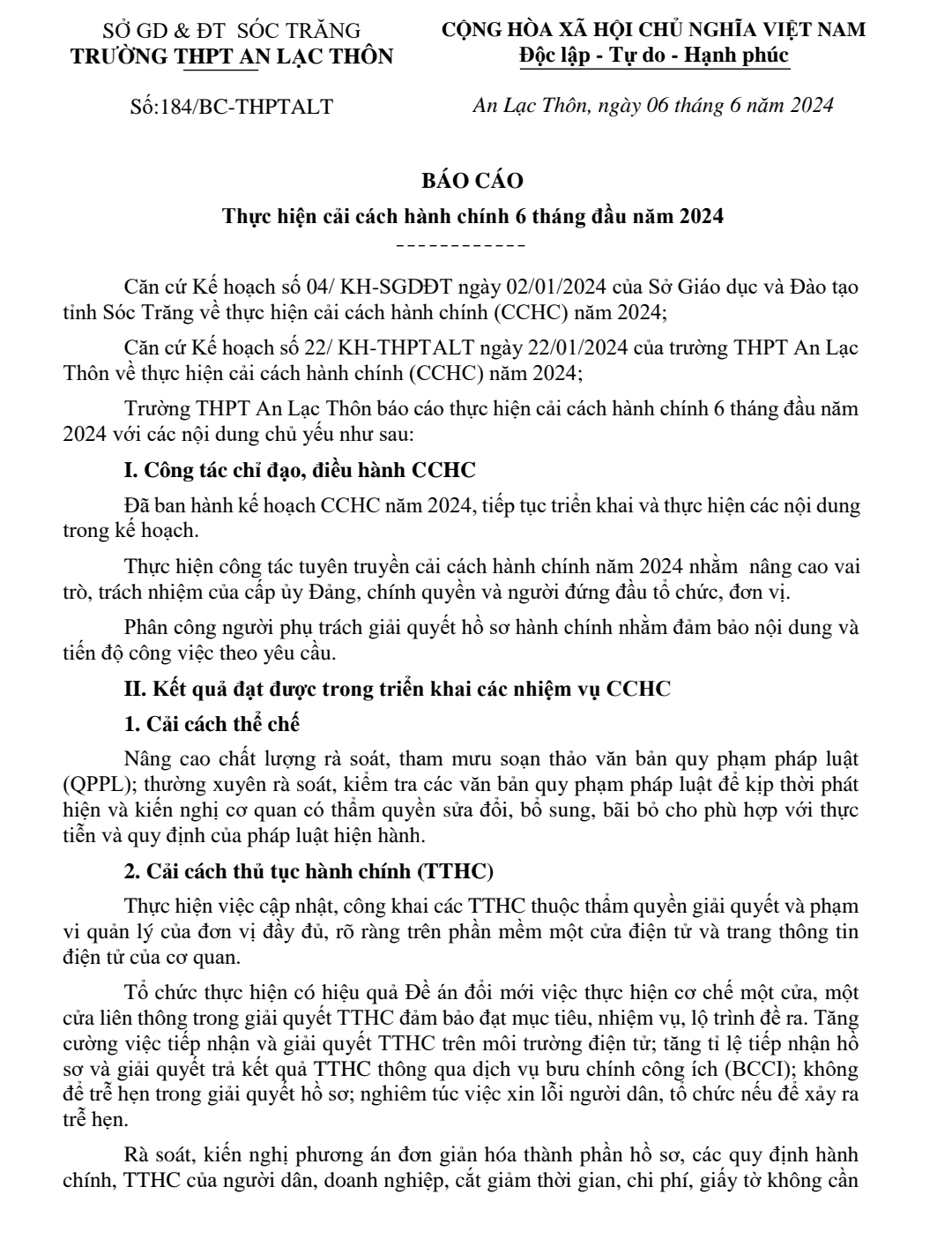 Thực hiện cải cách hành chính 6 tháng đầu năm 2024