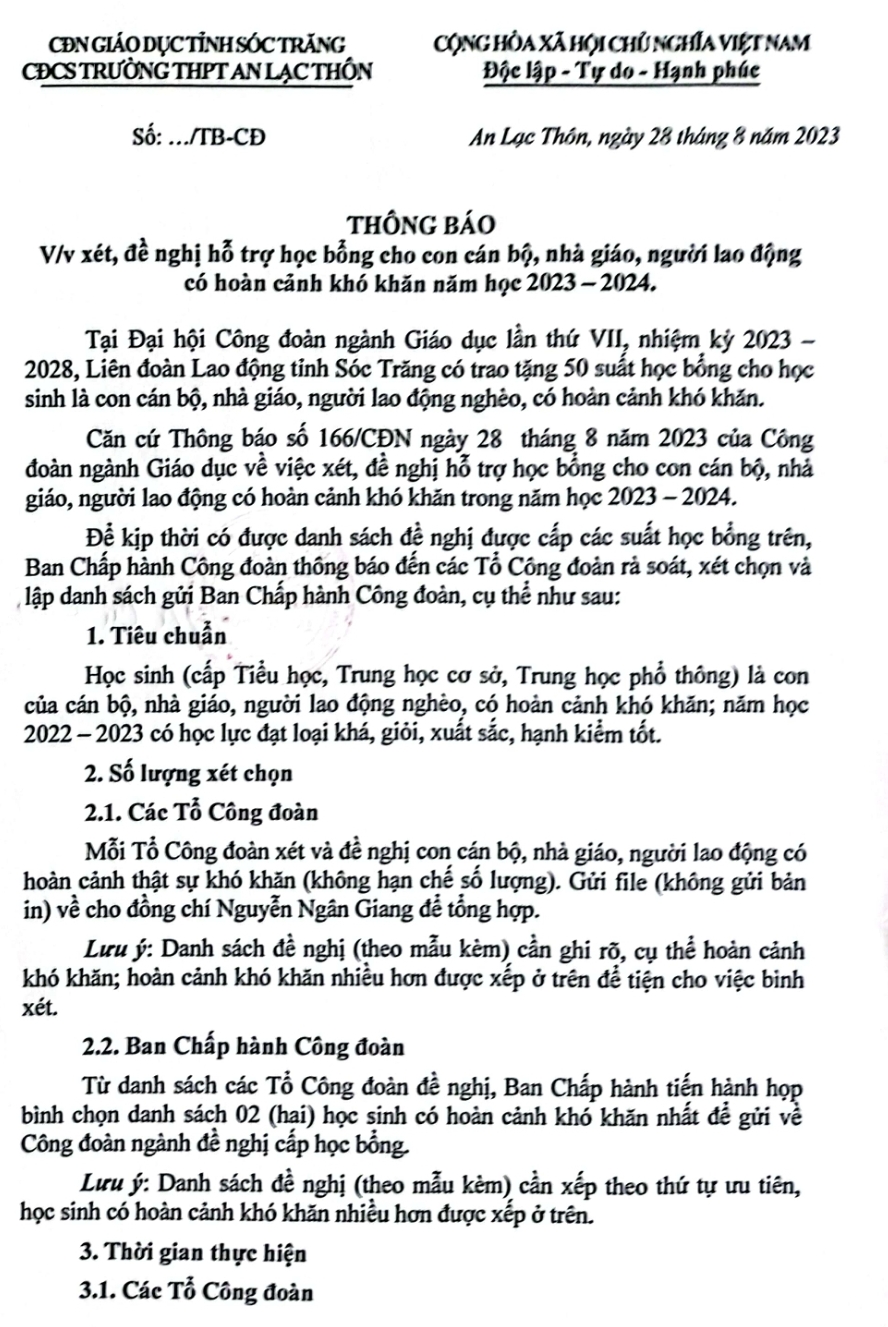 Thông báo xét học bổng Công đoàn cho con cán bộ, nhà giáo, người lao động