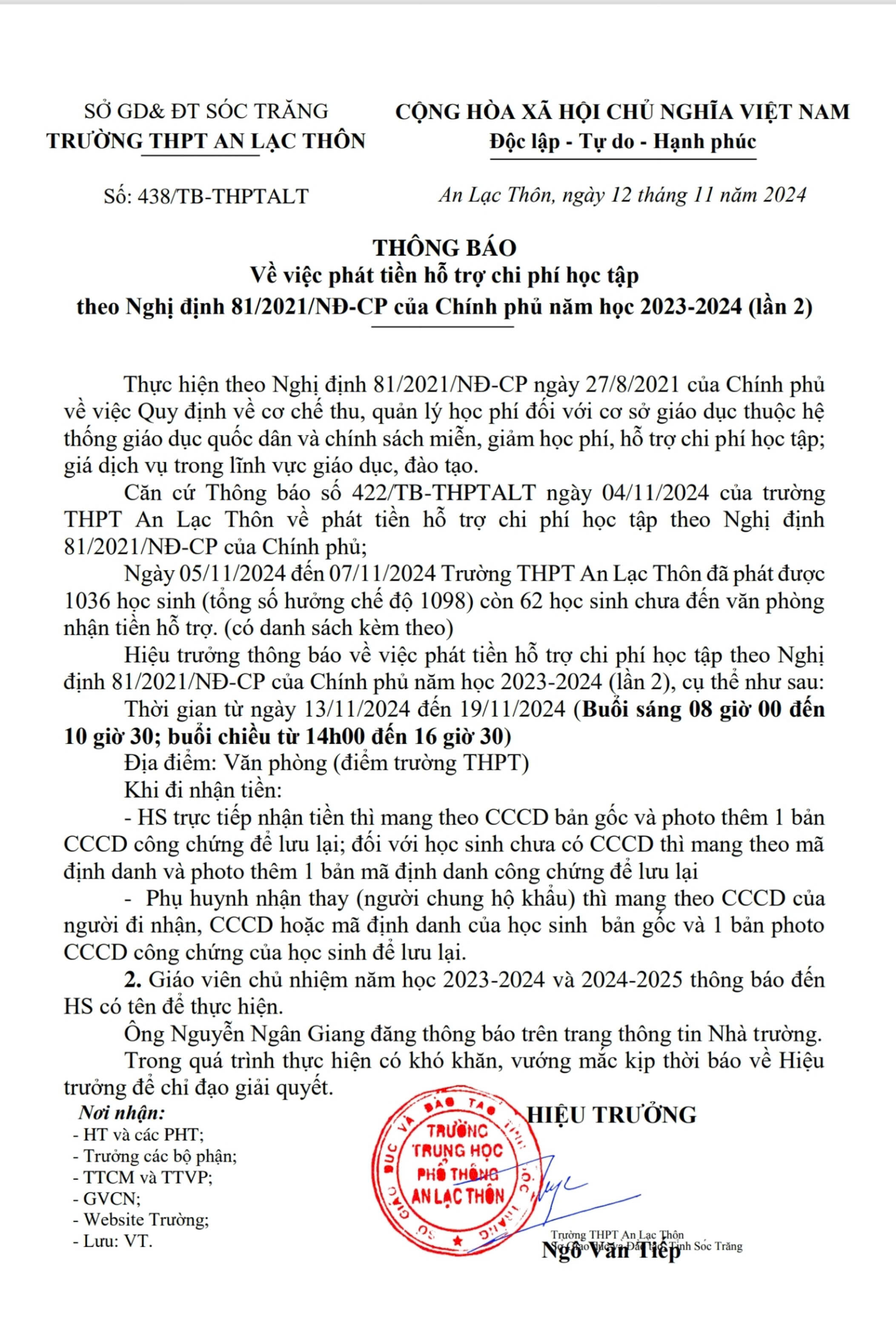 THÔNG BÁO Về việc phát tiền hỗ trợ chi phí học tập theo Nghị định 81/2021/NĐ-CP của Chính phủ năm học 2023-2024 (lần 2)