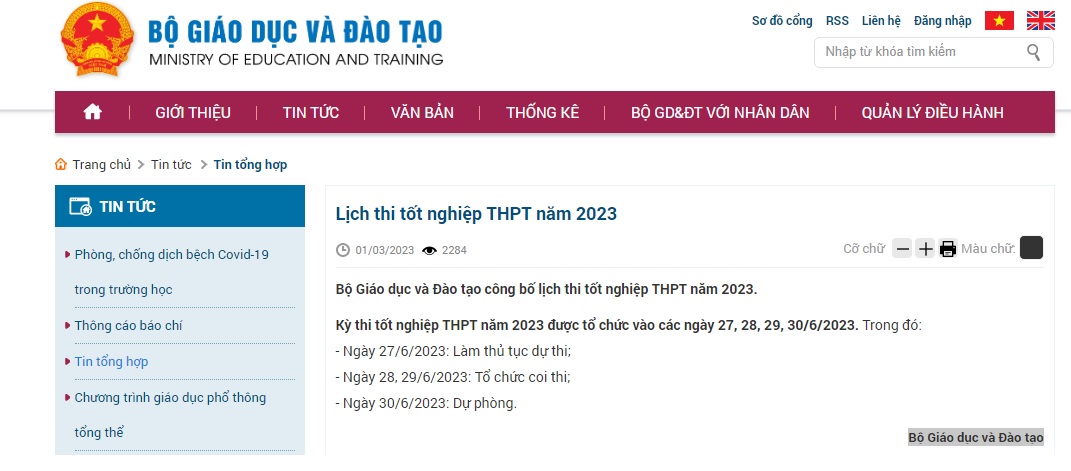 Lịch thi tốt nghiệp THPT năm 2023