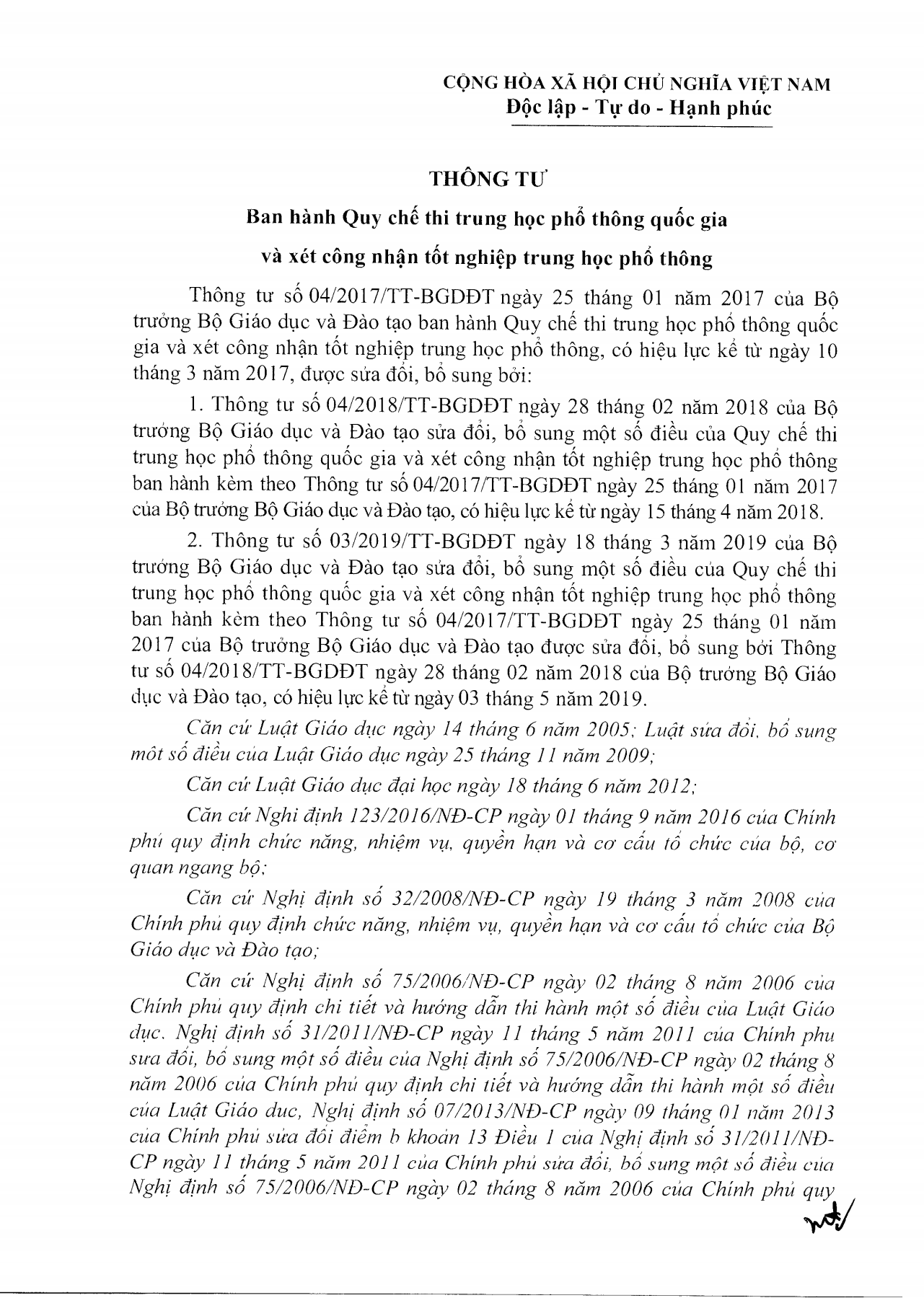 Văn bản hợp nhất Thông tư ban hành Quy chế thi trung học phổ thông quốc gia và xét công nhận tốt nghiệp trung học phổ thông.